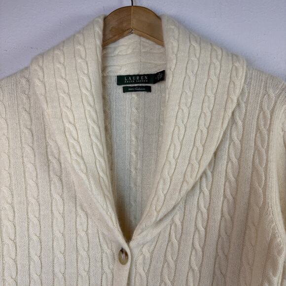 VTG Ralph Lauren Sweater Cardigan 100% cashmere Womens Large Cable Knit cream - Picture 3 of 14
